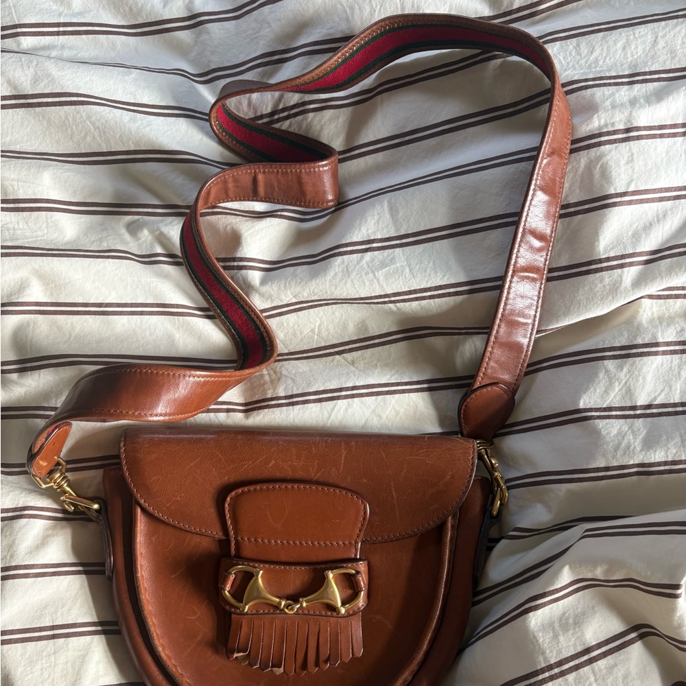 Vintage Gucci Cognac Leather Saddle Bag with Strap